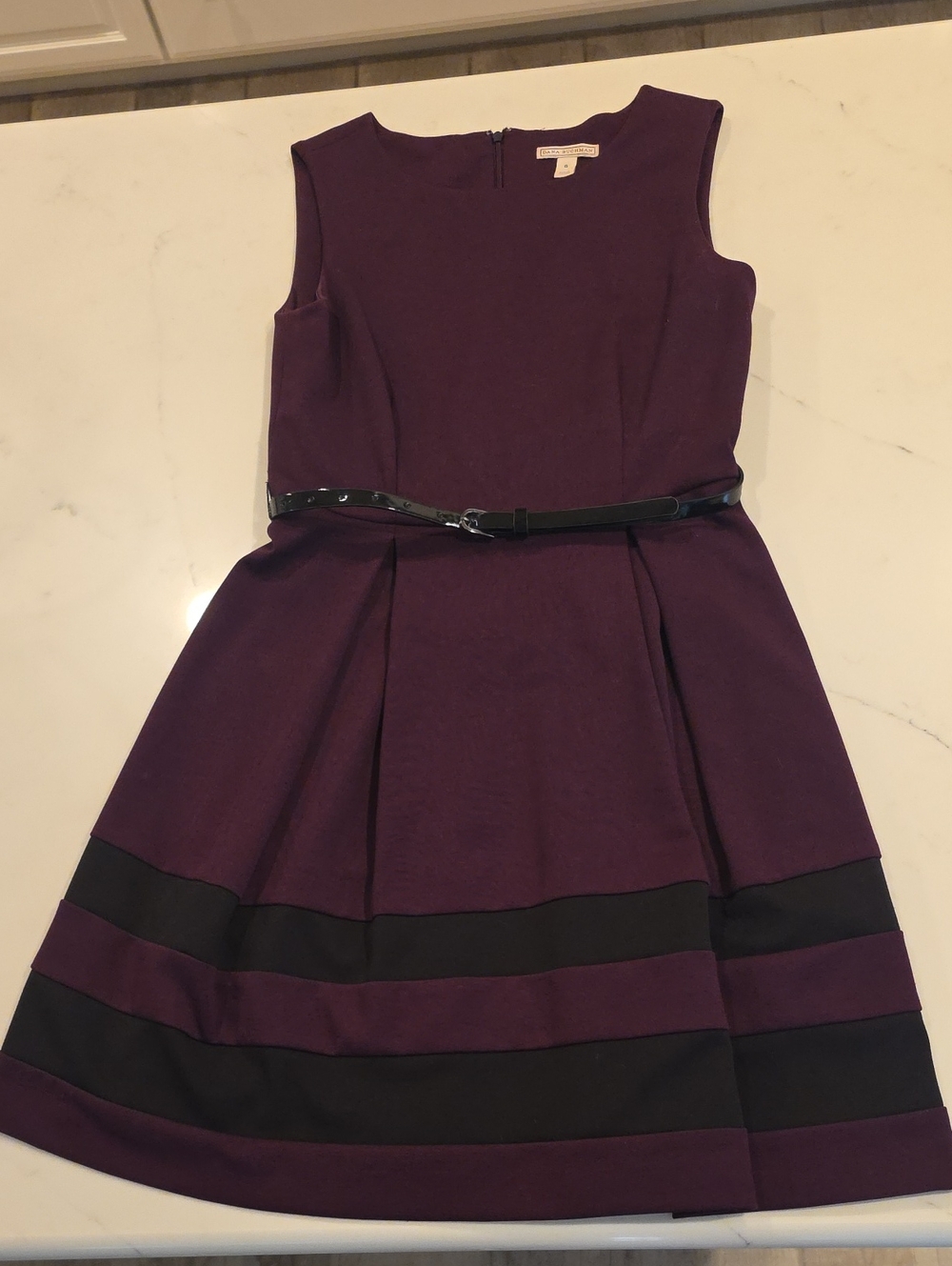 Dana Buchman Belted Plum Fit And Flare Dress with Black Stripes